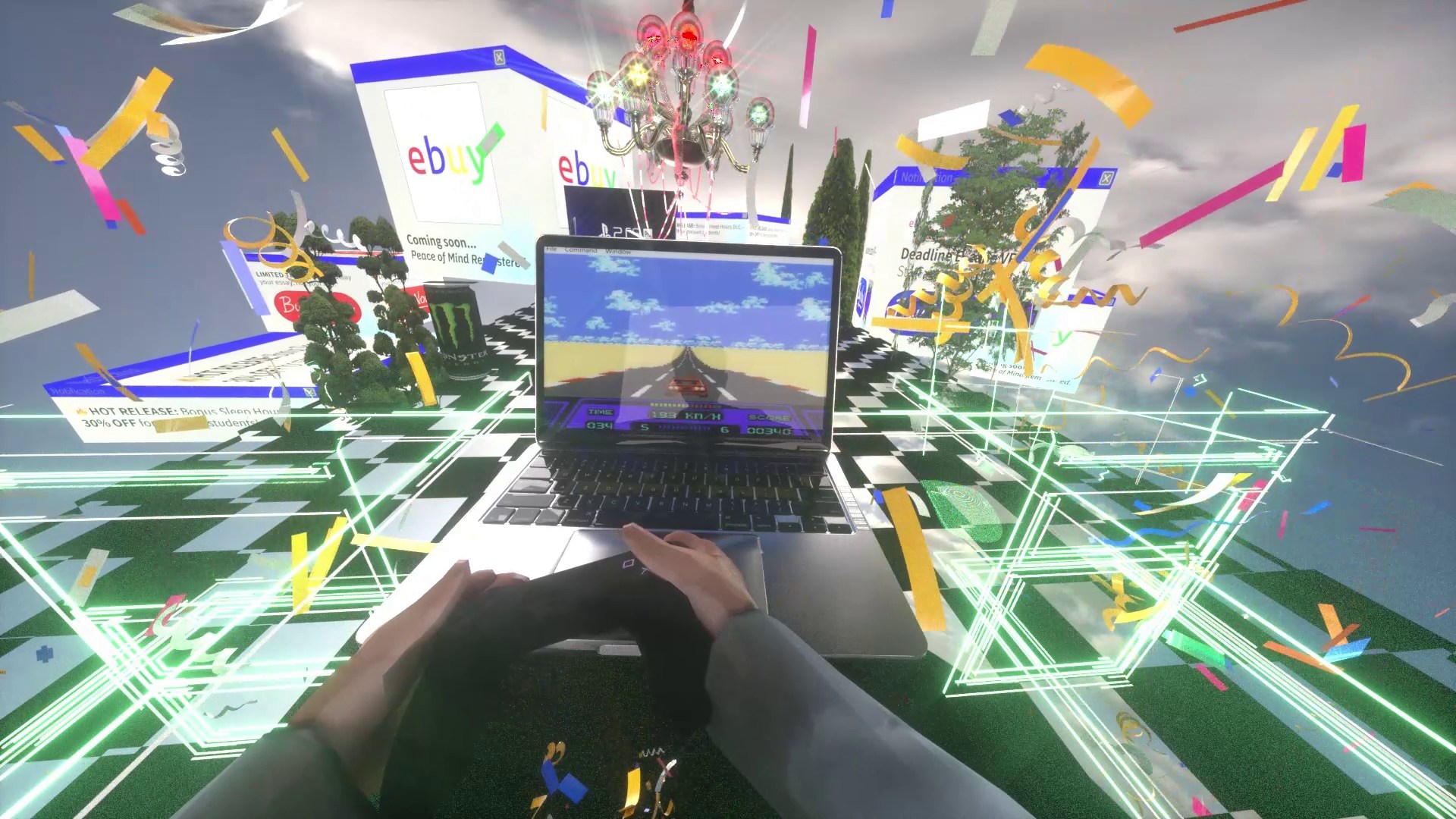 A bedroom dissolves into an overstimulated gaming world filled with glowing interfaces and colourful particles.